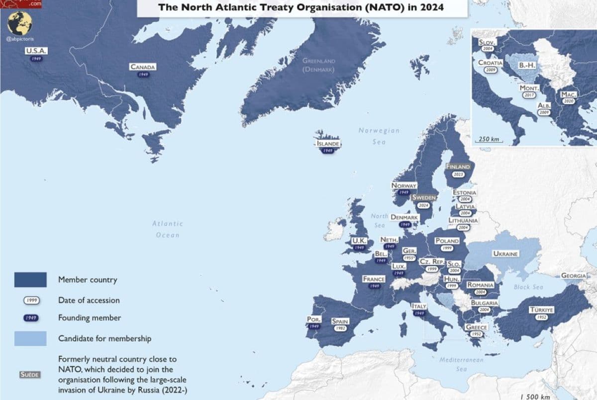 Peta perluasan NATO hingga 2024 yang menggambarkan masuknya negara-negara baru sejak 1989 serta dampaknya terhadap dinamika hubungan internasional. (Diploweb) - Image