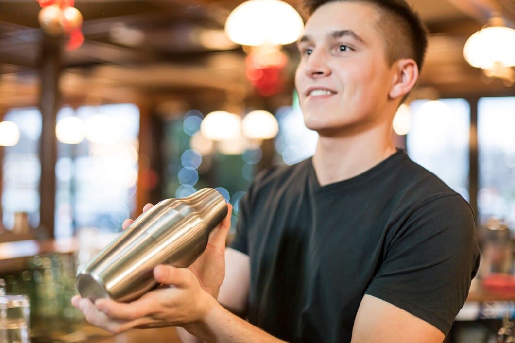 Ilustrasi seorang bartender yang sedang meracik minuman sambil memperhatikan seorang pelanggan di balik konter dengan pandangan yang tajam dan reflektif. (Freepik) - Image