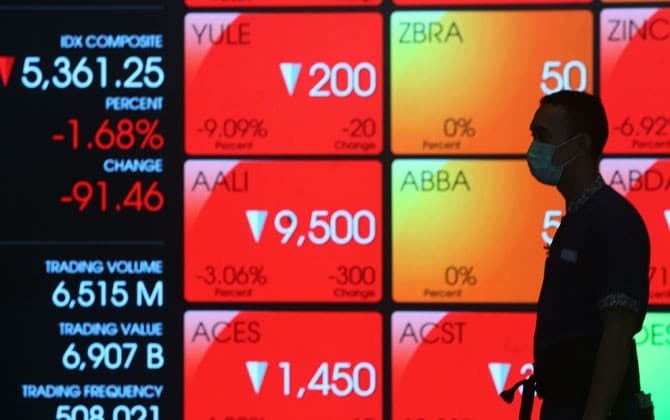 Karyawan melintas didekat layar monitor perdagangan Indeks Saham Gabungan (IHSG) di Bursa Efek Indonesia, Jakarta, Senin (2/3/2020). IHSG ditutup melemah 1,68% di level 5361,24 setelah sempat menghijau sebelum penutupan perdagangan sesi I.FOTO:MIFTAHULHAY - Image