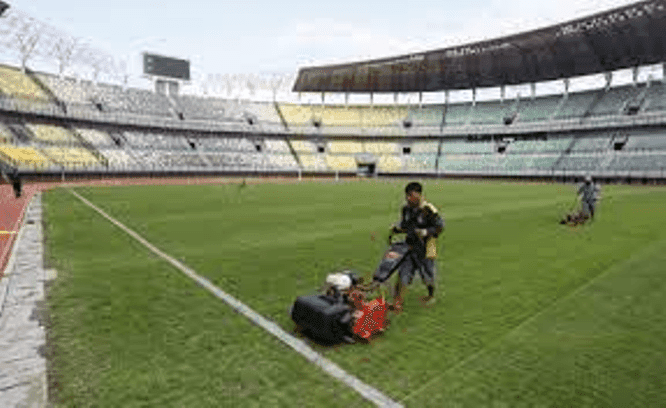 Seorang pekerja memotong rumput Gelora Bung Tomo Surabaya. Dok. JawaPos - Image