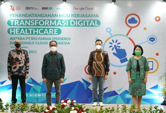 Penandatanganan Memorandum of Understanding (MoU) dilaksanakan di Bio Farma Bandung Oleh Direktur Utama Bio Farma, Honesti Basyir yang didampingi oleh Direktur Transformasi dan Digital Bio Farma, Soleh Ayubi, dan  Megawaty Khie Country Director Google Clo - Image