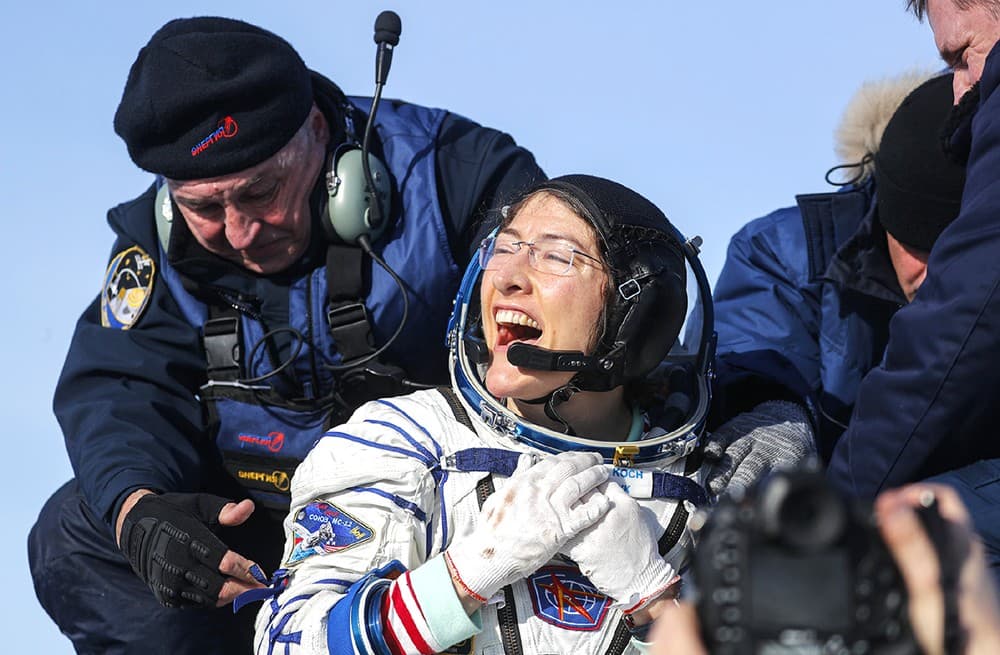 U.S. astronaut Christina Koch reacts shortly after the landing of the Russian Soyuz MS-13 space capsule about 150 km ( 80 miles) south-east of the Kazakh town of Zhezkazgan, Kazakhstan, Thursday, Feb. 6, 2020. Koch wrapped up a 328-day mission on her fir - Image